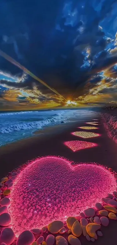 Romantic sunset beach with glowing heart pathway.