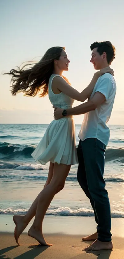 Couple embracing on a beach at sunset with gentle ocean waves.