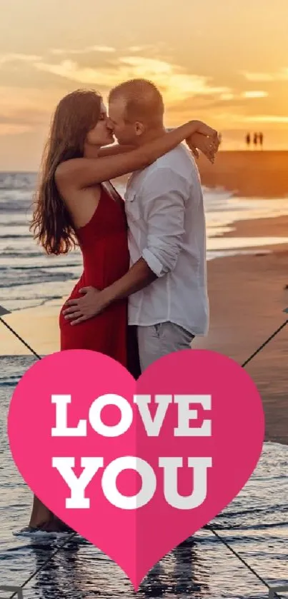 Romantic couple on the beach at sunset with a love heart.