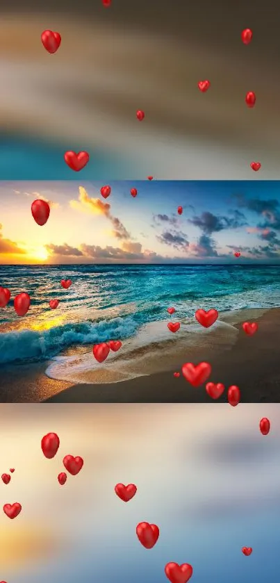 Romantic beach sunset with floating hearts and ocean waves.