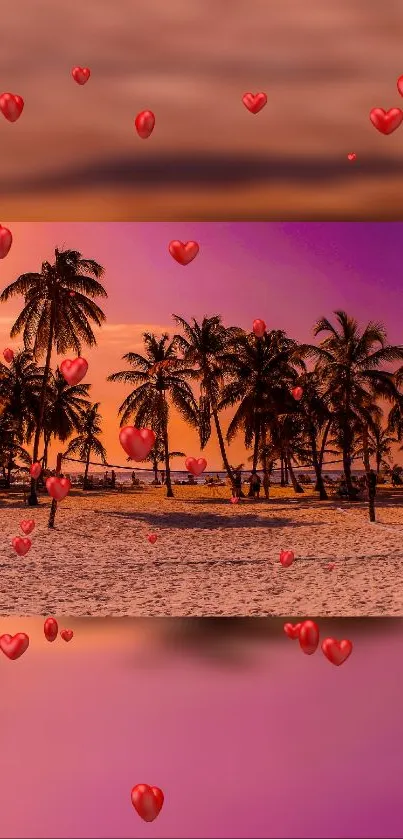 Romantic sunset with palm trees and hearts.