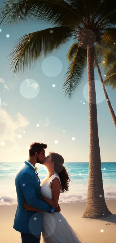 Couple embracing by a sunset beach with palm trees.