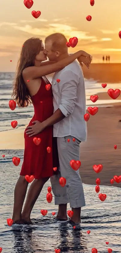 Romantic couple embracing at sunset on beach.