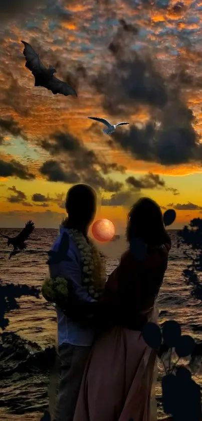 Romantic couple at sunset with birds and ocean view.