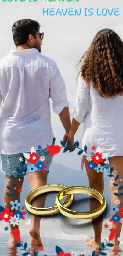 Couple walking on beach with floral accents and gold rings.