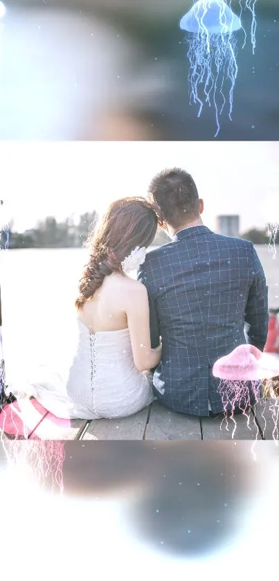 Romantic couple by the sea with jellyfish light effects, in a dreamy wallpaper.