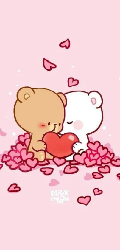 Cute teddy bears with red heart on pink background wallpaper.