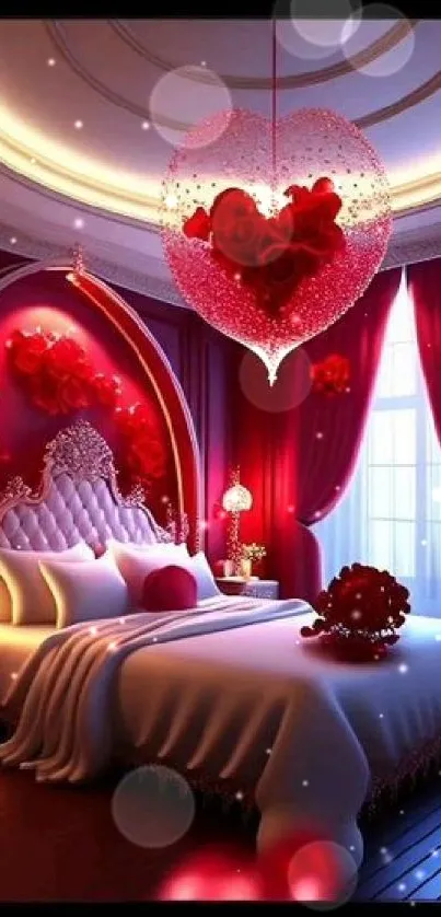 Luxurious red-themed romantic bedroom with heart decor.