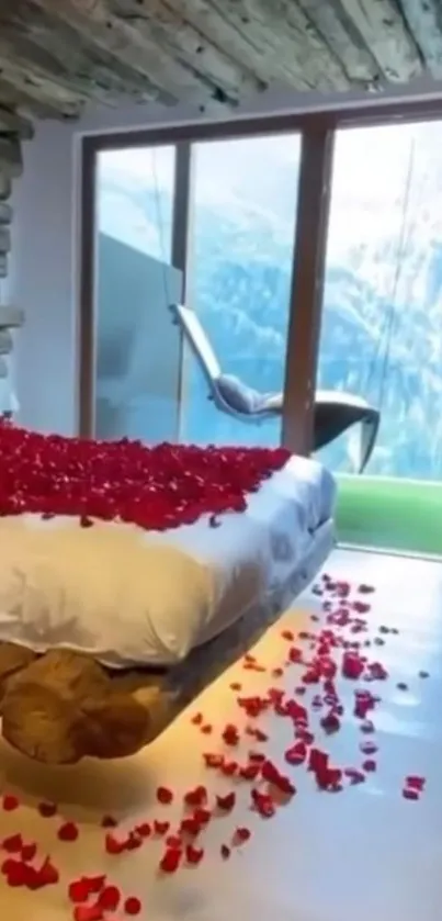 A rustic bedroom with red rose petals on bed.