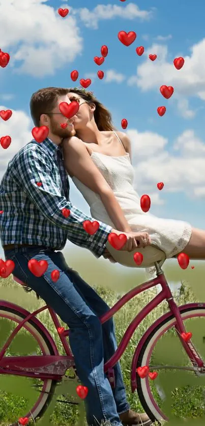 Romantic couple on bicycle with floating red hearts.