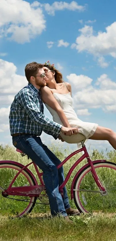 Romantic couple enjoying a sunny bicycle ride on a pink bike.