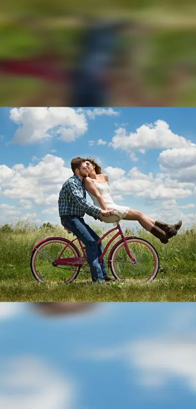 Couple on a pink bicycle against a blue sky.