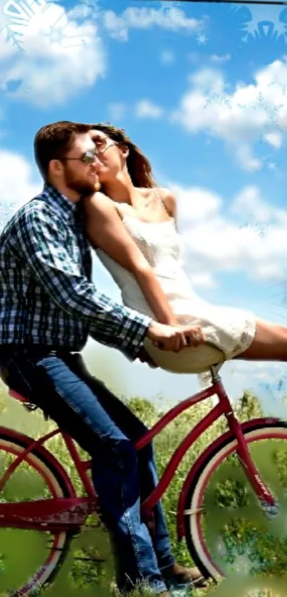 A couple enjoys a romantic bicycle ride under a bright, clear, blue sky.