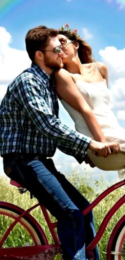 Couple on a bicycle in a sunny countryside setting.