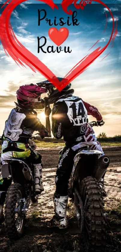 Couple on motorcycles kissing under a heart at sunset.