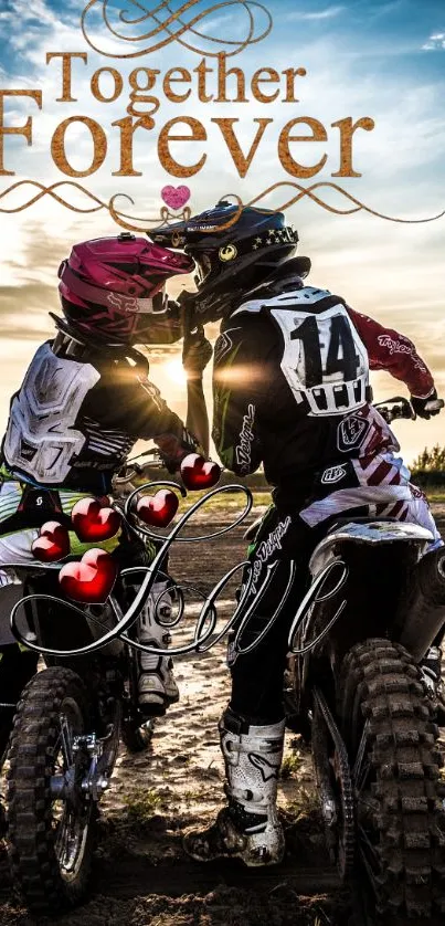 Romantic motocross couple at sunset with Together Forever text.