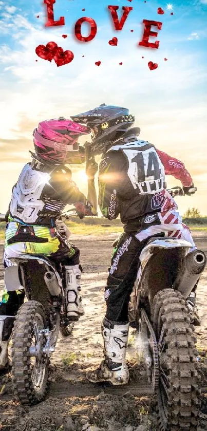 Two motocross riders sharing a romantic moment at sunset under a sky filled with love.