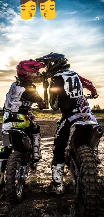 Two bikers share a romantic kiss at sunset.