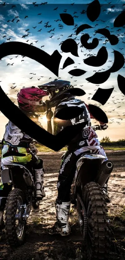 Romantic sunset bikers with heart design on mobile wallpaper.