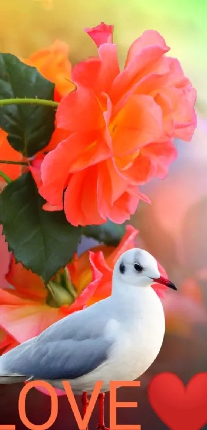 Serene bird and orange rose wallpaper with love theme.