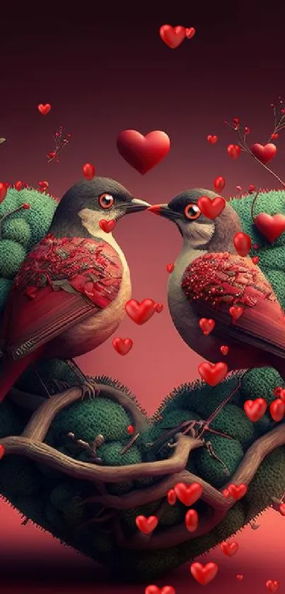 Romantic heart-shaped scene with two birds.