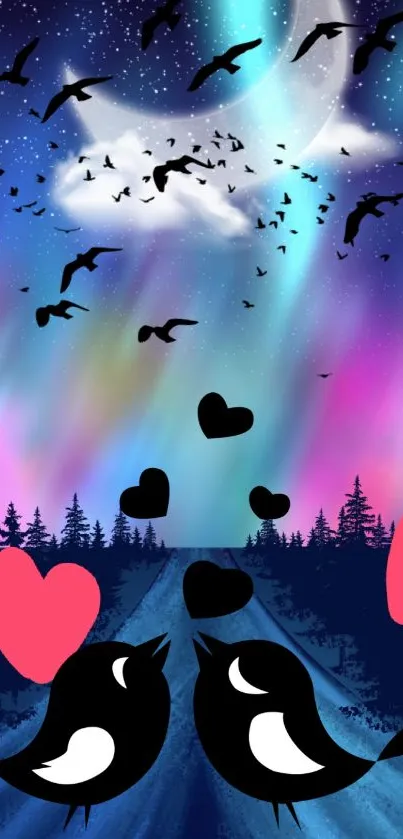 Romantic birds, vibrant aurora with hearts and vivid colors in night sky.