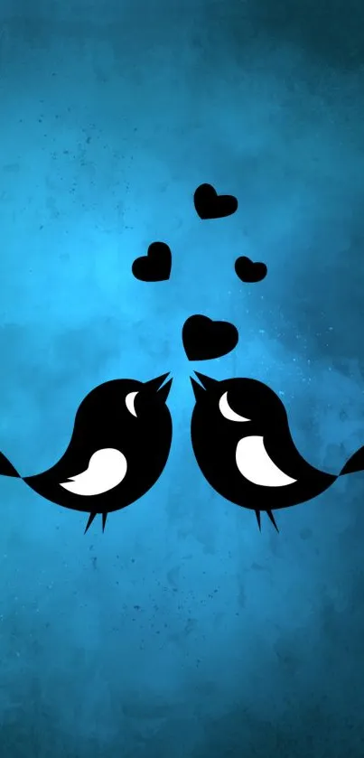 Two silhouetted birds with hearts on a blue textured background.