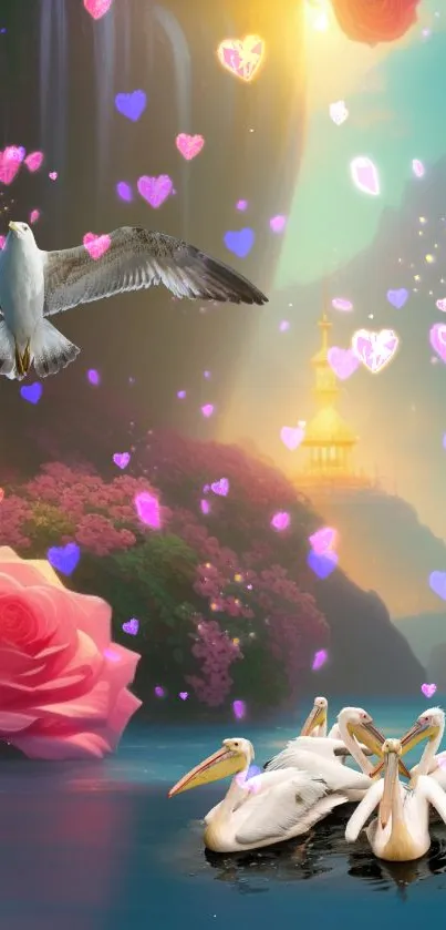 Fantasy landscape with birds and roses, surrounded by vibrant lights and heart shapes.