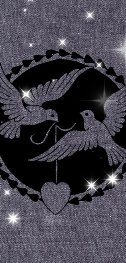 Black and grey wallpaper with birds and heart design