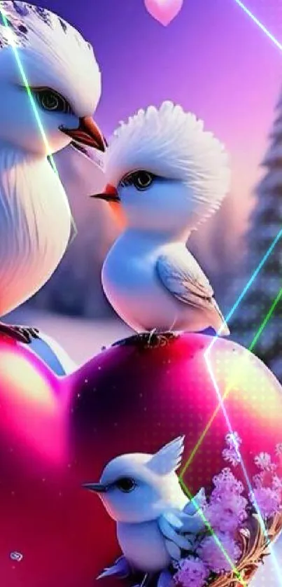 Two white birds on a heart amidst snowy trees.