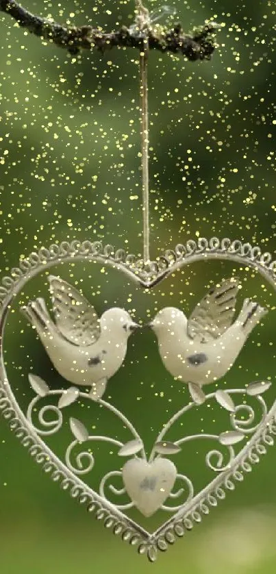 Lovebirds in heart with green background, romantic mobile wallpaper.