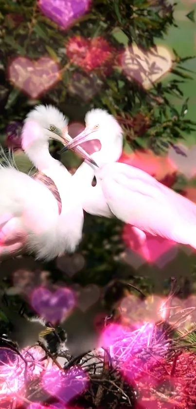 Two white birds forming a heart with pink lights.