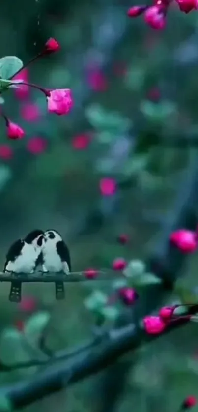 Romantic birds on branch with pink blossoms in a natural setting.