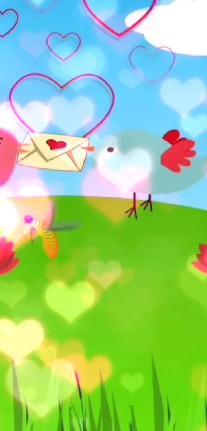 Two cartoon birds share a love letter on a bright green field with colorful hearts.