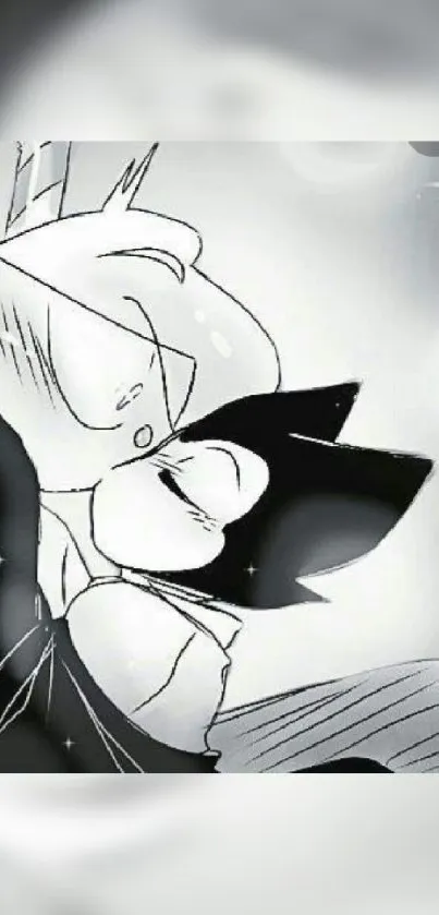 Black and white cartoon art of a romantic moment.