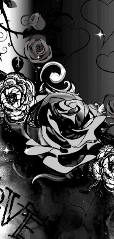 Black and white romantic roses with hearts wallpaper design.