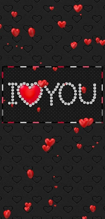 Romantic black wallpaper with 'I LOVE YOU' in red and white.