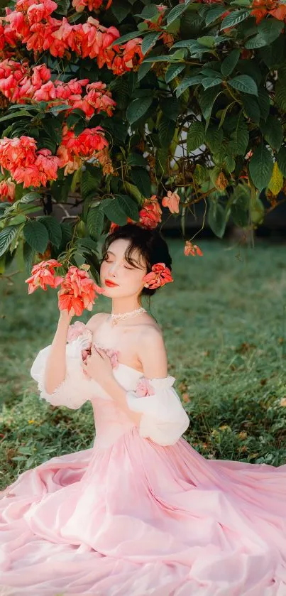 Elegant woman in pink dress beneath vibrant red flowers in a scenic garden.