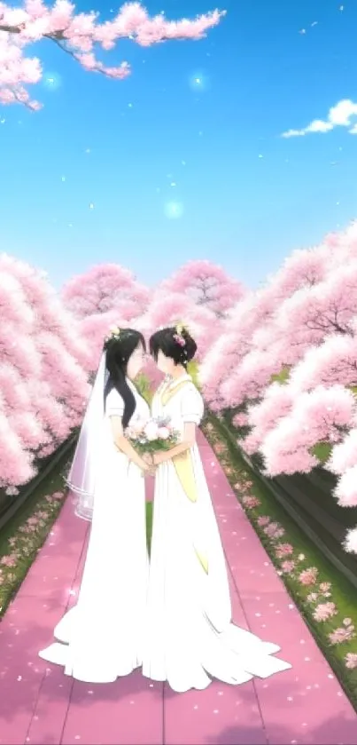 Bridal couple on pink path surrounded by cherry blossoms and blue sky.