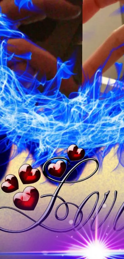 Romantic love themed mobile wallpaper with blue flames and hearts.