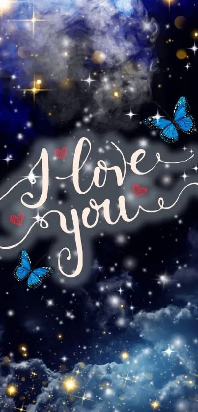 Romantic galaxy wallpaper with butterflies and stars.