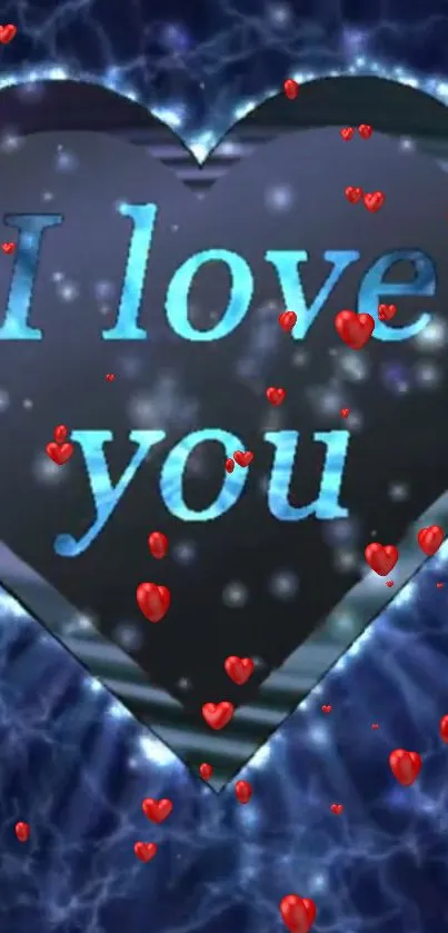 Romantic blue heart wallpaper with love message and floating red hearts.