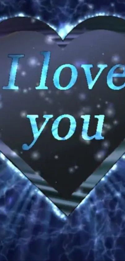 Romantic blue heart wallpaper with 'I love you' text and glowing background.