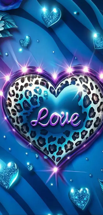 Blue leopard heart with love text and floral design.