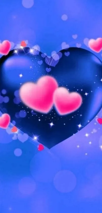 A romantic blue heart wallpaper with pink hearts.