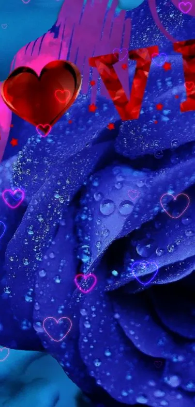 Blue rose wallpaper with love and heart designs.