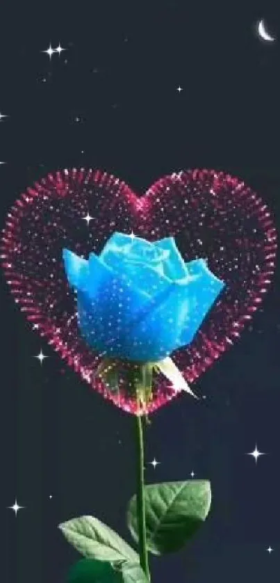 Blue rose with pink heart on night sky background