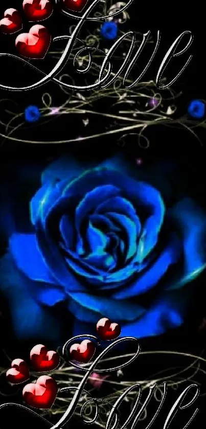 Romantic blue rose with love text and heart designs.