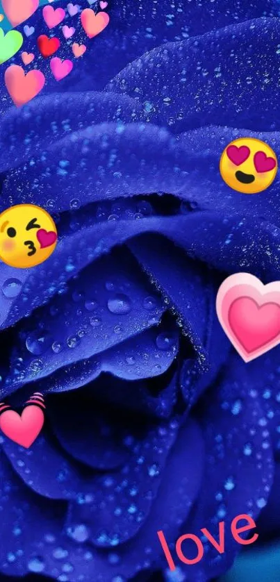 Blue rose wallpaper with love emojis and droplets.