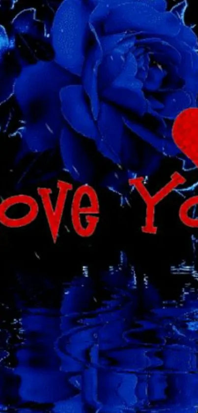 Romantic blue rose with red heart and 'Love You' text on a dark background.